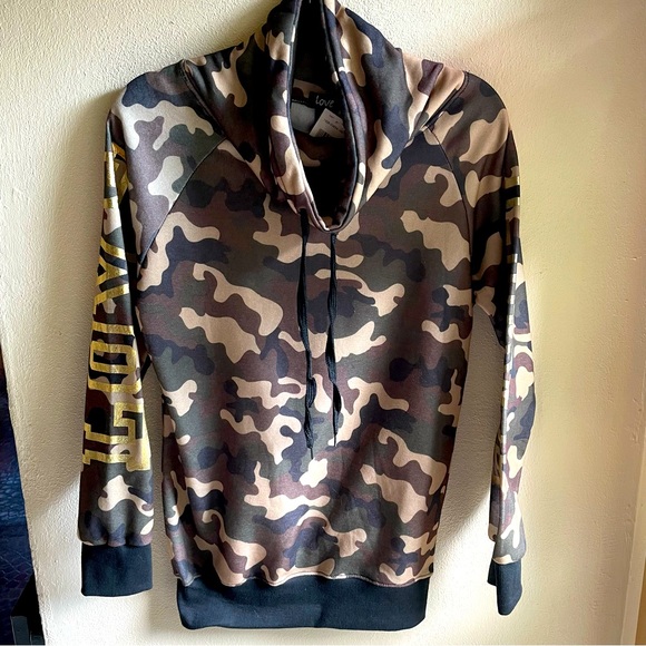 Love Tops - Camouflage Cowl Neck Drawstring Sweatshirt.  Gold LOVE Spell-out on Sleeve. M